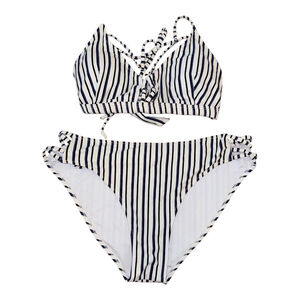 Cupshe Women's Striped Two-Piece Swimsuit, Navy and White Pattern, Size Large
